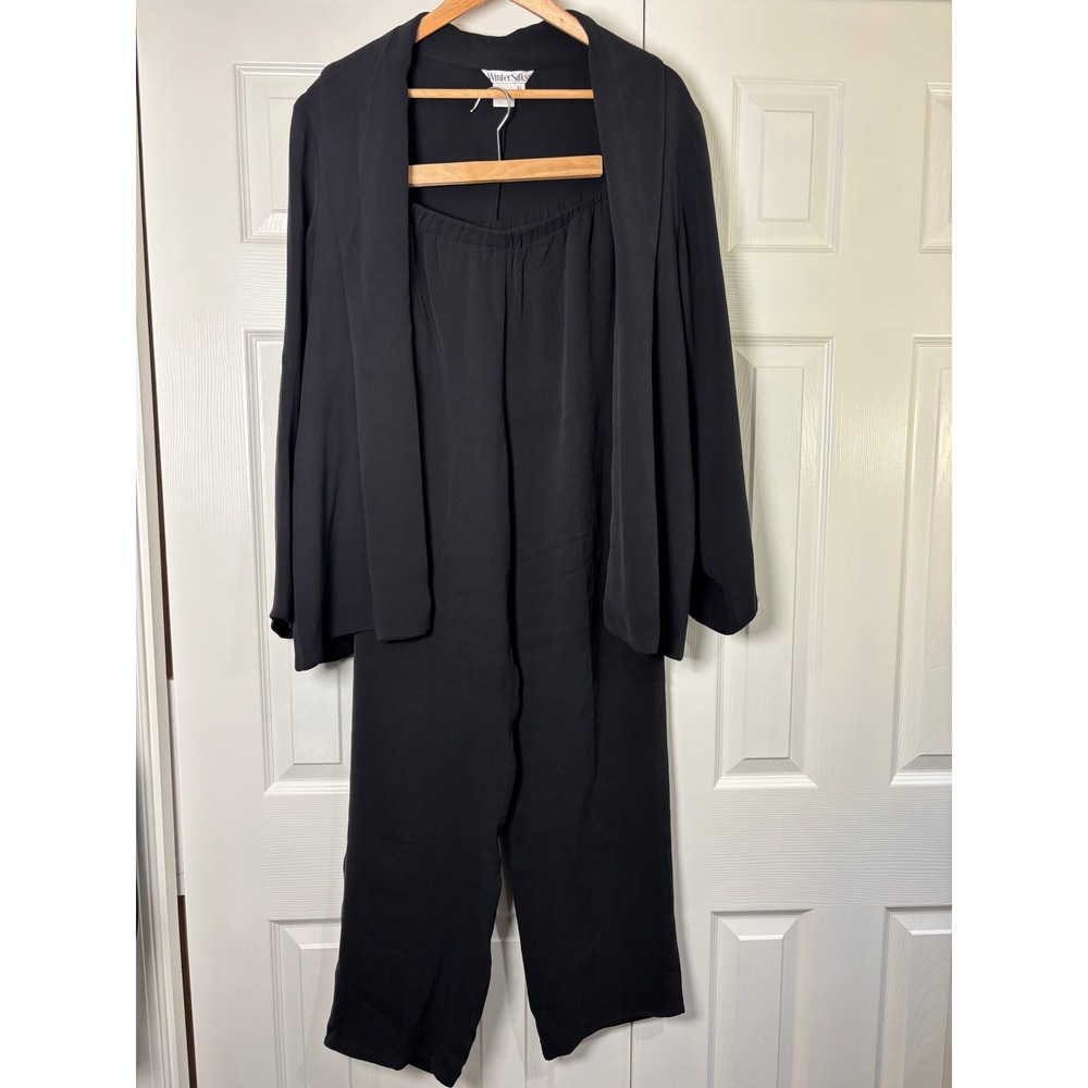 WinterSilks Black 100% Silk 2 Piece Set Shawl Collar Jacket & Pants Womens XL